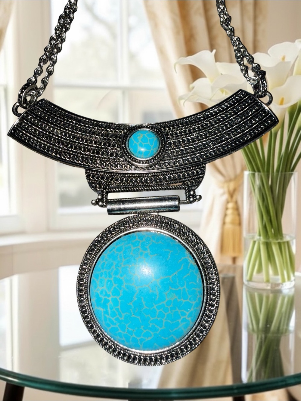 Paparazzi Lasting EMPRESS-ions" Blue Turquoise Statement Necklace Earring set - Picture 3 of 4
